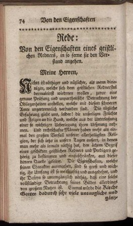 Rede: Von den Eigenschaften eines geistlichen Redners, in so ferne sie den Verstand angehen