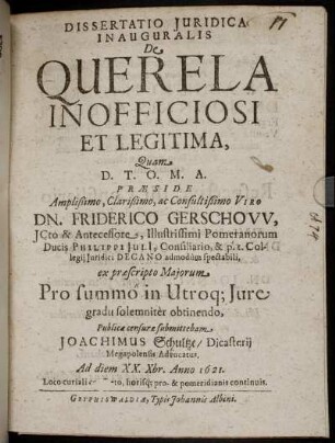 Dissertatio Iuridica Inauguralis De Querela Inofficiosi Et Legitima