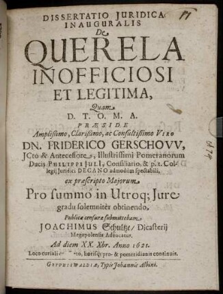 Dissertatio Iuridica Inauguralis De Querela Inofficiosi Et Legitima