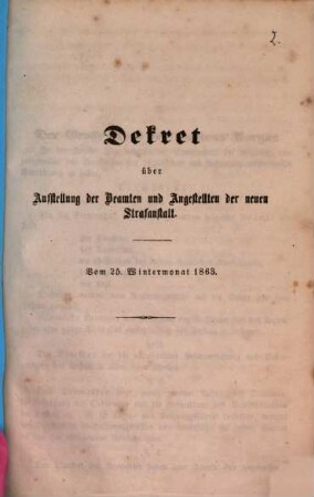 Dekret über Ausstellung der Beamten und Angestellten der neuen Strafanstalt (bei Lenzburg) : Vom 25. Wintermonat 1863