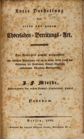 Kurze Darstellung der alten und neuen Chocoladen-Bereitungs-Art