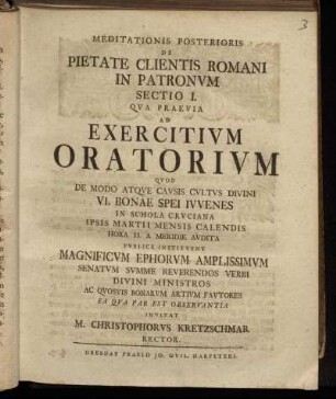 2,1: Meditationis Posterioris De Pietate Clientis Romani In Patronvm Sectio I..