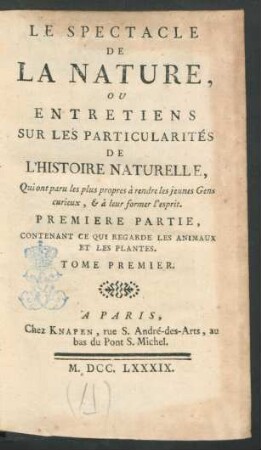 T. 1, pt. 1: Contenant ce qui regarde les animaux et les plantes
