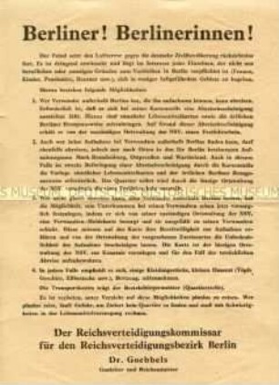 Flugblatt mit dem Aufruf von Goebbels, Berlin wegen der Luftangriffe zu verlassen