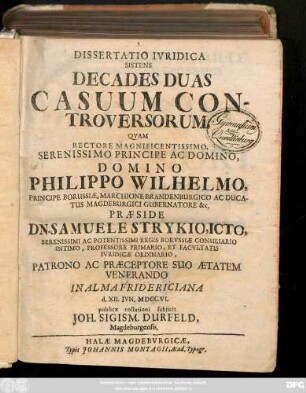 Dissertatio Ivridica Sistens Decades Duas Casuum Controversorum