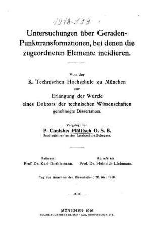 Untersuchungen über Geraden-Punkttransformationen, bei denen die zugeordneten Elemente incidieren