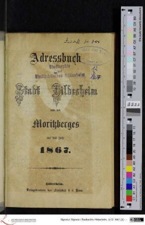 1867: [1867] Adreßbuch der Stadt Hildesheim und des Moritzberges : auf das Jahr 1867