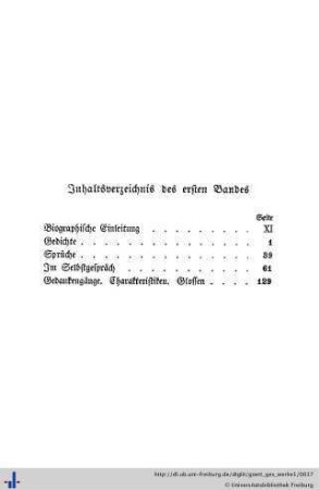 Inhaltsverzeichnis des ersten Bandes.