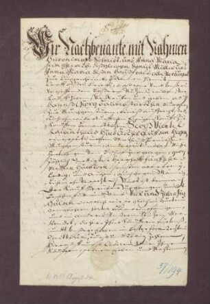 Verkaufsbrief des Hieronymus Schmidt und Daniel Müller zu Kuppenheim für Hans Georg Baumstark zu Muggensturm über 6 Viertel Rauenthäler Hubäcker auf den Hegen um 24 fl.