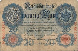 Zahlungsmittel / Reichsbanknote / Zwanzig Mark / 1914