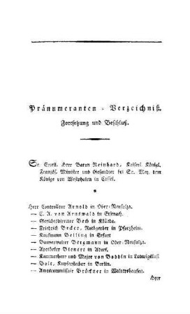 Pränumeranten-Verzeichnis. Fortsetzung und Beschluß