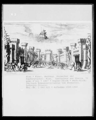 Opernszene aus Francesco Sbarras "Il pomo d'oro"; Mit Bühnenarchitektur von Ludovico Ottavio Burnacini