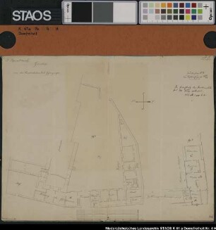 Grundriss des Gefängnisses am Domplatz, mit Grundriss des Dachbodens des Südflügels. Ausf.-Art: Zeichnung Herst.: Wundram, Doeltz Format: 33 x 42 cm Maßstab: ca. 1 : 200