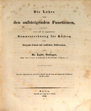 Die Lehre von den aufsteigenden Functionen
