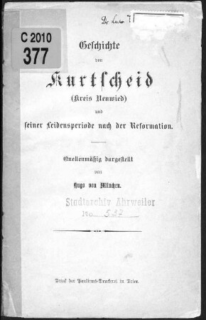 Geschichte von Kurtscheid (Kreis Neuwied) und seiner Leidensperiode nach der Reformation