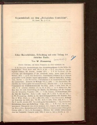 Ueber Bauverhältnisse, Befruchtung und erste Teilung der tierischen Eizelle