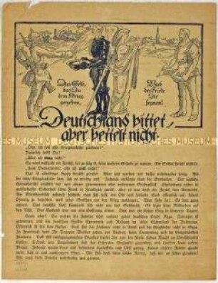 Illustriertes Flugblatt zur Werbung für eine Kriegsanleihe in Form eines fiktiven Dialogs