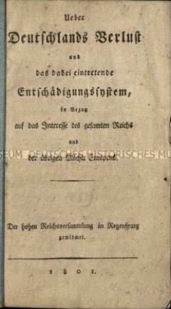 Broschüre über die Entschädigungen der Gebietsverluste des Deutschen Reiches nach den ersten beiden Koalitionskriegen