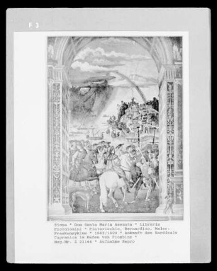 Ausmalung der Libreria Piccolomini — Leben des Enea Silvio Piccolomini, des späteren Pius II. — Aufbruch des jungen Enea Silvio Piccolomini zum Basler Konzil im Gefolge des Bischofs von Ferma, Domenico Capranica