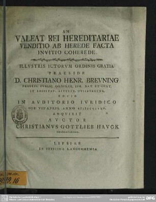An Valeat Rei Hereditariae Venditio Ab Herede Facta Invitio Coherede