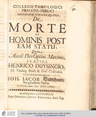 Collegii Theologici Privato-Publici Exercitatio ; Exercitatio vigesima quarta : De Resipiscentia, Perseverantia Et Certitudine Salutis / [Exercitatio] Quam Aux: Deo Optim. Maxim. Praeside Samuele Andreæ... publice defendendam suscipiet Johannes Castendyk, Bremensis. D. IV. Octobris.