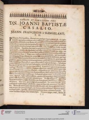 Erudito et nobilissimo uiro dn. Joanni Baptistae Casalio, Joann. Franciscus à slingelant, s. d.