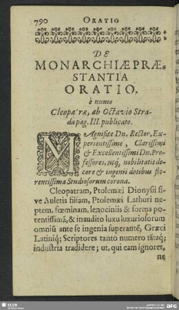 Oratio Sexta Et Decima.De Monarchiae Praestantia Oratio : e numo Cleopa´rae, ab Octavio Strada pag Ill. publicato