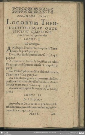 Secundus Index. Locorum Theologicorum, Ad Quos Spectant Quaestiones hoclibro comprehensae