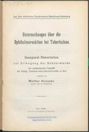 Untersuchungen über die Ophthalmoreaktion bei Tuberkulose