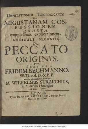 Disputationum Theologicarum in Augustanam Confessionem Quarta, complectens explicationem Articuli Secundi, De Peccato Originis