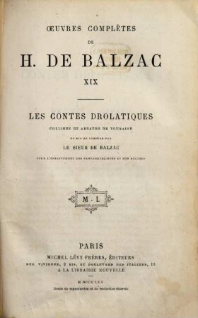 Ouevres complètes de H. de Balzac, 19. Les contes drôlatiques