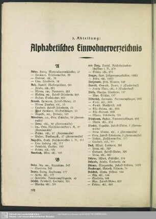 3. Abteilung. Einwohnerverzeichnis : 3. Abteilung. Alphabetisches Einwohnerverzeichnis