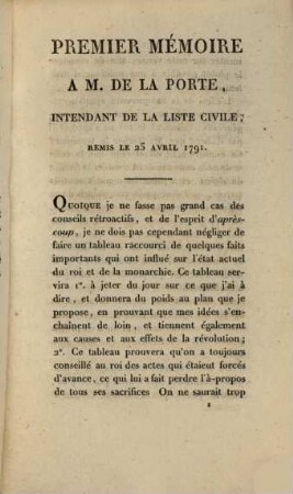 Conseils donnés à S. M. Louis XVI, en 1791, par l'intermédiare de M. de la Porte, intendant de la Liste Civile : Ouvrage inédit de M. de Rivarol ; suivi d'une lettre sur M. le Marquis de la F..., par le même