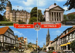 Postkarte: Grüße aus Detmold. Schloß, Lippisches Landestheater, Schülerstraße, Lange Straße