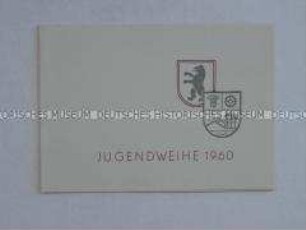 Einladungskarte zur Jugendweihe mit Programm und Text der Nationalhymne der DDR