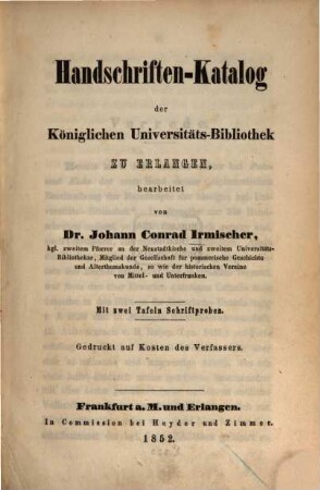 Handschriften-Katalog der Königlichen Universitäts-Bibliothek zu Erlangen