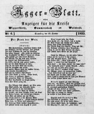 Agger-Blatt, oder Anzeiger für die Kreise Wipperfürth, Gummersbach und Waldbröl