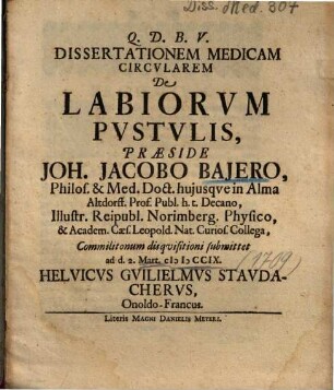 Dissertationem Medicam Circvlarem De Labiorvm Pvstvlis