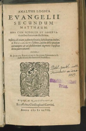 Analysis logica evangelii secundum Matthaeum : una cum scholiis et observationibus locorum doctrinae