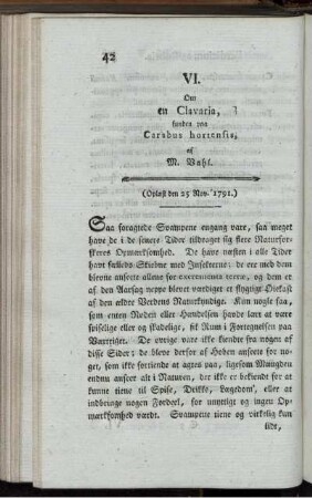 VI. Om en Clavaria, funden paa Carabus hortensis.