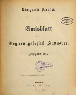 Amtsblatt für den Regierungsbezirk Hannover. 1887
