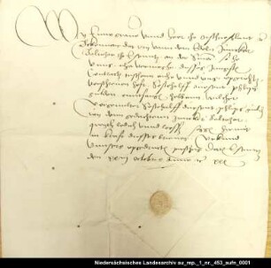 Graf Enno II. von Ostfriesland quittiert dem Junker Balthasar von Esens über 5500 Gulden Ausstellungsort: Esens Aufgedrücktes Siegel erhalten