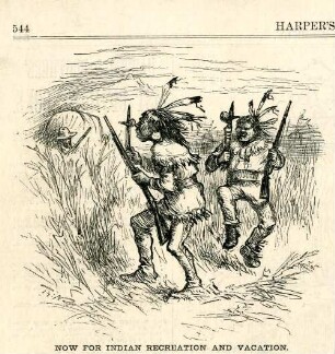 Now for indian recreation and vacation : Indianer schleichen sich an einen Planwagen heran, um ihn zu überfallen
