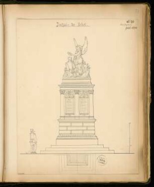 Gefallenendenkmal, Erfurt Monatskonkurrenz Juli 1874: Grundriss (Teil-), Aufriss Vorderansicht; Maßstabsleiste