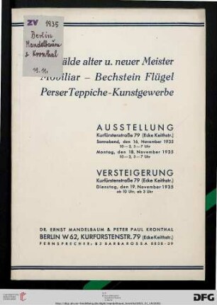 Gemälde alter u. neuer Meister, Mobiliar - Bechstein Flügel, Perser Teppiche, Kunstgewerbe : 19. November 1935