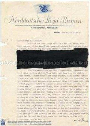 Schreiben des Nordeutschen Lloyd an Richard Fleischhut im Kriegsgefangenenlager Camp Suzzoni (Algerien) bezüglich seines auf der MS "Fella" zurück gebliebenen Gepäcks - Nachlass