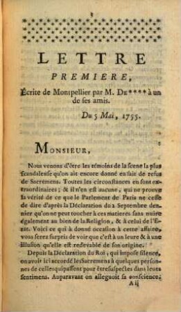Lettres ecrites au sujet du réfus des sacremens ...