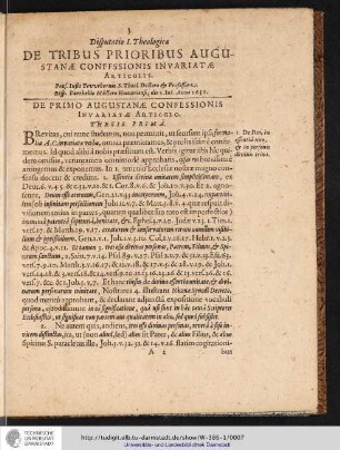 Disputatio I. Theologica DE TRIBUS PRIORIBUS AUGUSTANAE CONFESSIONIS INVARIATAE ARTICULIS.