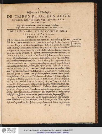 Disputatio I. Theologica DE TRIBUS PRIORIBUS AUGUSTANAE CONFESSIONIS INVARIATAE ARTICULIS.