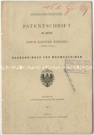 Patentschrift eines Garbenbinders für Mähmaschinen, Patent-Nr. 5079